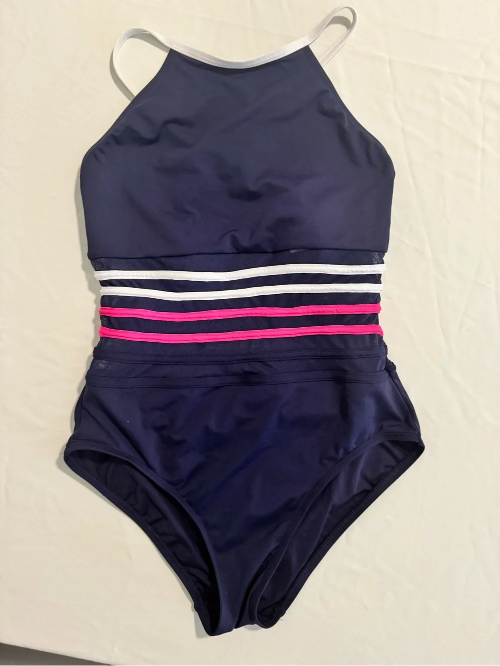 Nautica Navy One-Piece Swimsuit with White and Pink Stripes Size M - Picture 1 of 9